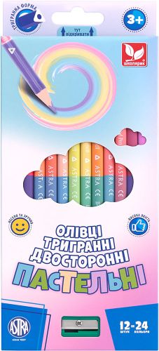 Олівці кольорові тригранні двосторонні пастельні кольори + чинка - 24 кольори (12 шт.)